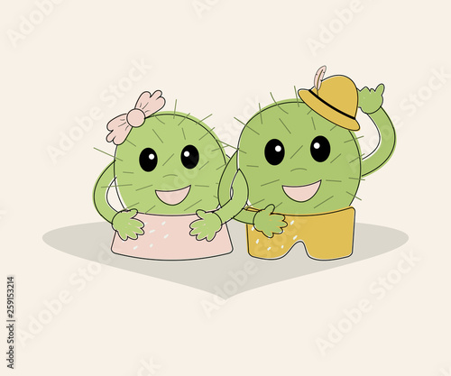 Funny simple naive cute cactus pair:girl with pink bow and boy with yellow hat.For decoration of children t-shirts,dresses, pajamas,bed linen,underwear,pillowcases and pillows.Vector illustration