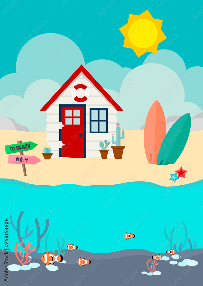 Beach house and cactus and surfboard on the beach with clownfish in the sea