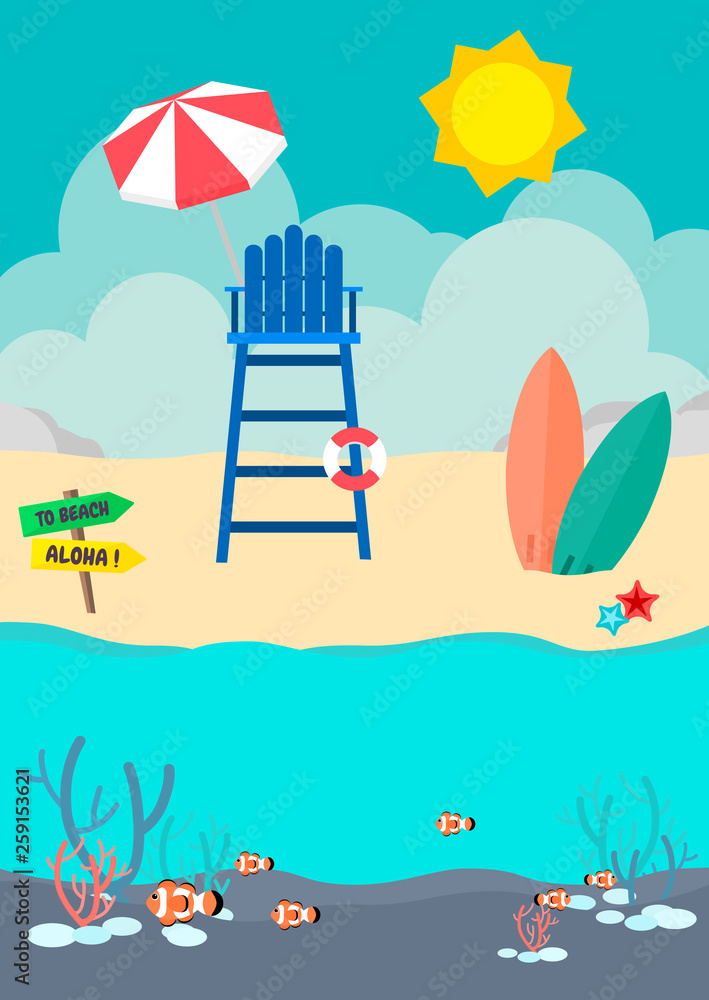 Beach lifeguard stand and surfboard on the beach with clownfish in the sea