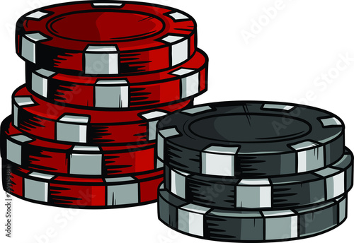 Two piles of poker chips of different values in vector format. Hand drawn casino cips with cartoon design.