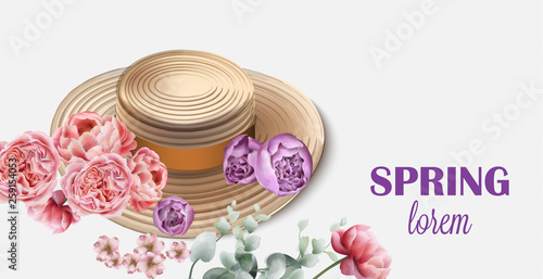 Spring hat with flowers Vector. Seasonal card backgrounds