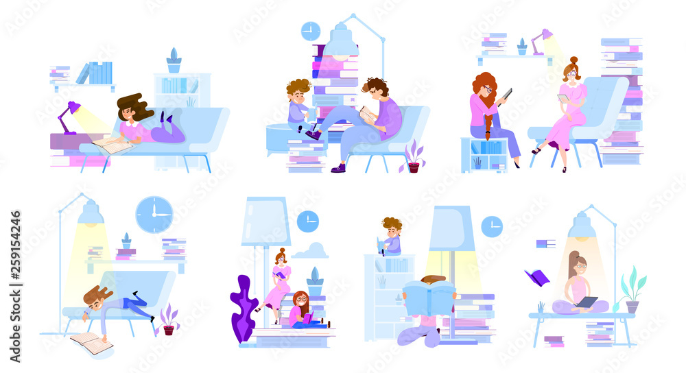 Tiny people read books - scenes with characters for illustrations. Tiny people read books - scenes with characters for illustrations.