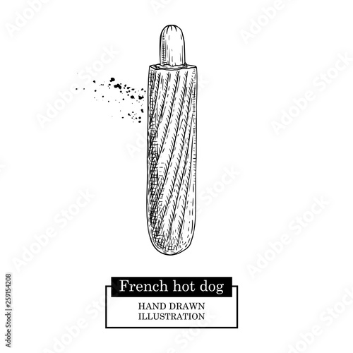 French hot dog. Grilled sausage and bun. Fast food. Hand drawn sketch style street food vector illustration. Isolated on white background.