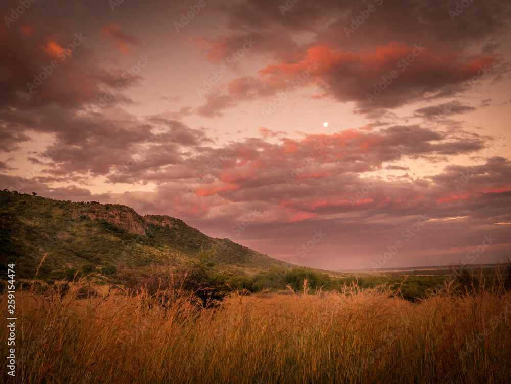 Landscape image of the incredible african sunset at the national parc Pilanesberg in South Africa