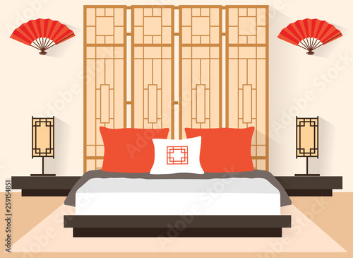 Japanese bedroom in flat style. Vector interior room with furniture and a bed.