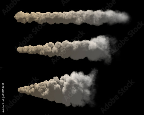 Stream of smoke set. Isolated on black background. 3D rendering.