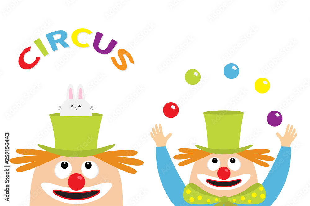 Fototapeta premium Circus icon set. Clown juggler face head looking up to juggling balls. Rabbit hare in magician magic hat. Eyes, red nose, mouth smile, orange hair.Cute cartoon funny baby character. Flat design.