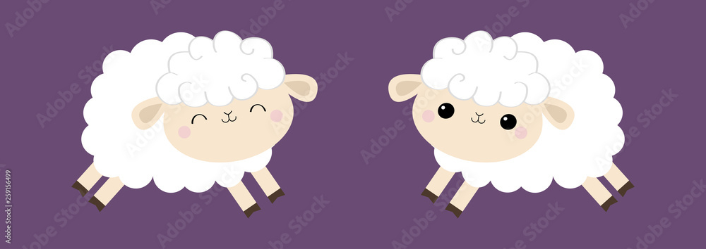 Sheep lamb icon set. Cloud shape. Jumping animal. Cute cartoon kawaii funny smiling baby character. Nursery decoration. Sweet dreams. kids print. Flat design. Violet background. Isolated. Sheep lamb icon set. Cloud shape. Jumping animal. Cute cartoon kawaii funny smiling baby character. Nursery decoration. Sweet dreams. kids print. Flat design. Violet background. Isolated.