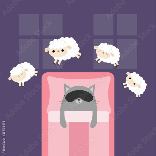 Jumping sheeps. Cat in sleeping mask. Cant sleep going to bed concept. Counting sheep. Cute cartoon kawaii baby animal set. Blanket pillow room two windows. Flat design. Violet background.