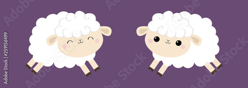 Sheep lamb icon set. Cloud shape. Jumping animal. Cute cartoon kawaii funny smiling baby character. Nursery decoration. Sweet dreams. kids print. Flat design. Violet background. Isolated.
