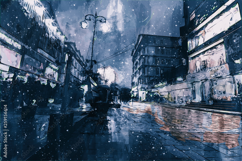 Digital painting of buildings in tone, city in night time with walking people | Adobe Stock