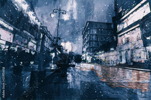 Cyfrowe malowanie budynków w ciemnej tonacji, miasto nocą z spacerującymi ludźmi