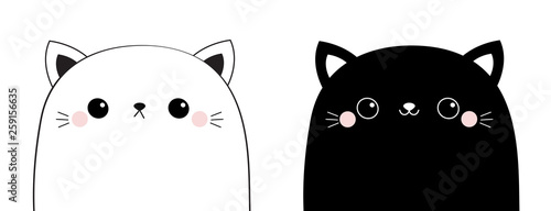 Black white cat head face line contour silhouette icon set. Pink blush cheeks. Funny kawaii smiling animal. Cute cartoon funny character. Pet collection. Flat design Baby background.
