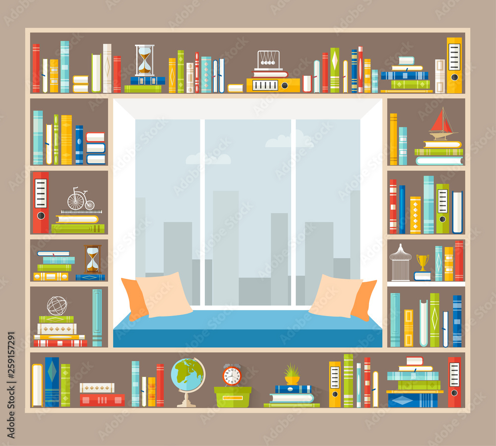 Recreation area on the windowsill. The organization of a place for reading books. Vector interior.