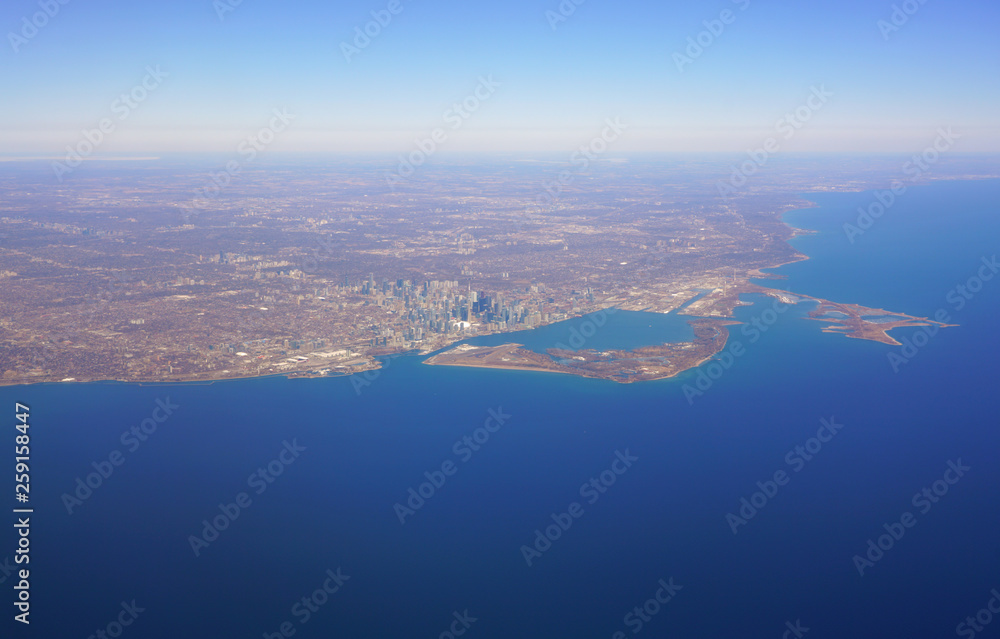 Aerial landscape view of the city of Toronto skyline and Lake Ontario in Ontario, Canada