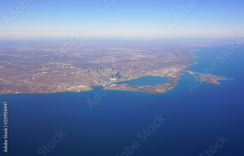 Aerial landscape view of the city of Toronto skyline and Lake Ontario in Ontario  Canada