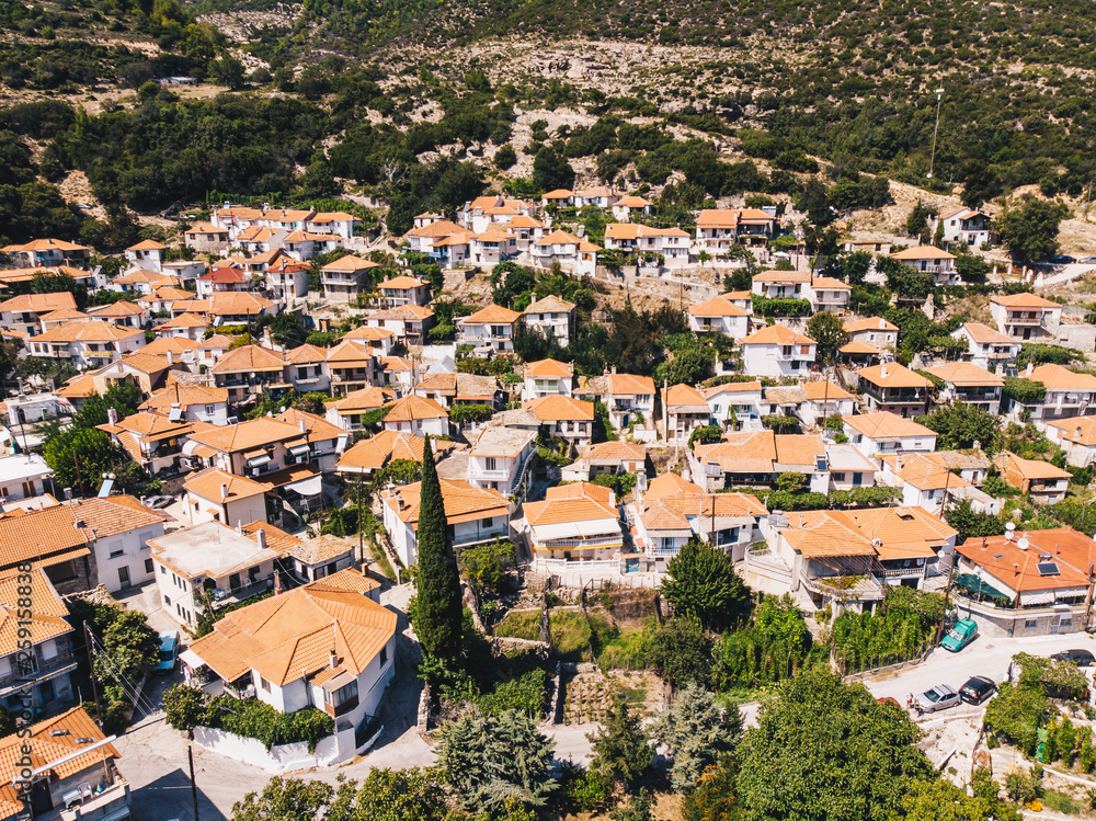 Aerial view of Maries traditional Village in central Thasos, Greek Island in Aegean Sea