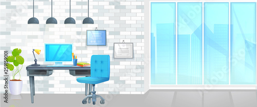 Office furniture design banner. Workplace with table and laptop and coffee. Modern interior . Landing Page Website Vector concept cartoon illustration