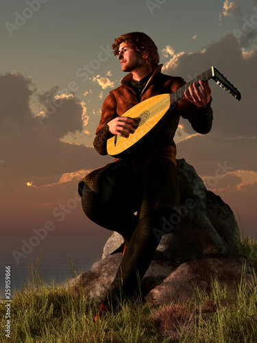 A bard plays his lute while sitting on a rocky point next to the ocean as the sun sets over the water. The medieval musician makes music for the sunset. 3D Rendering