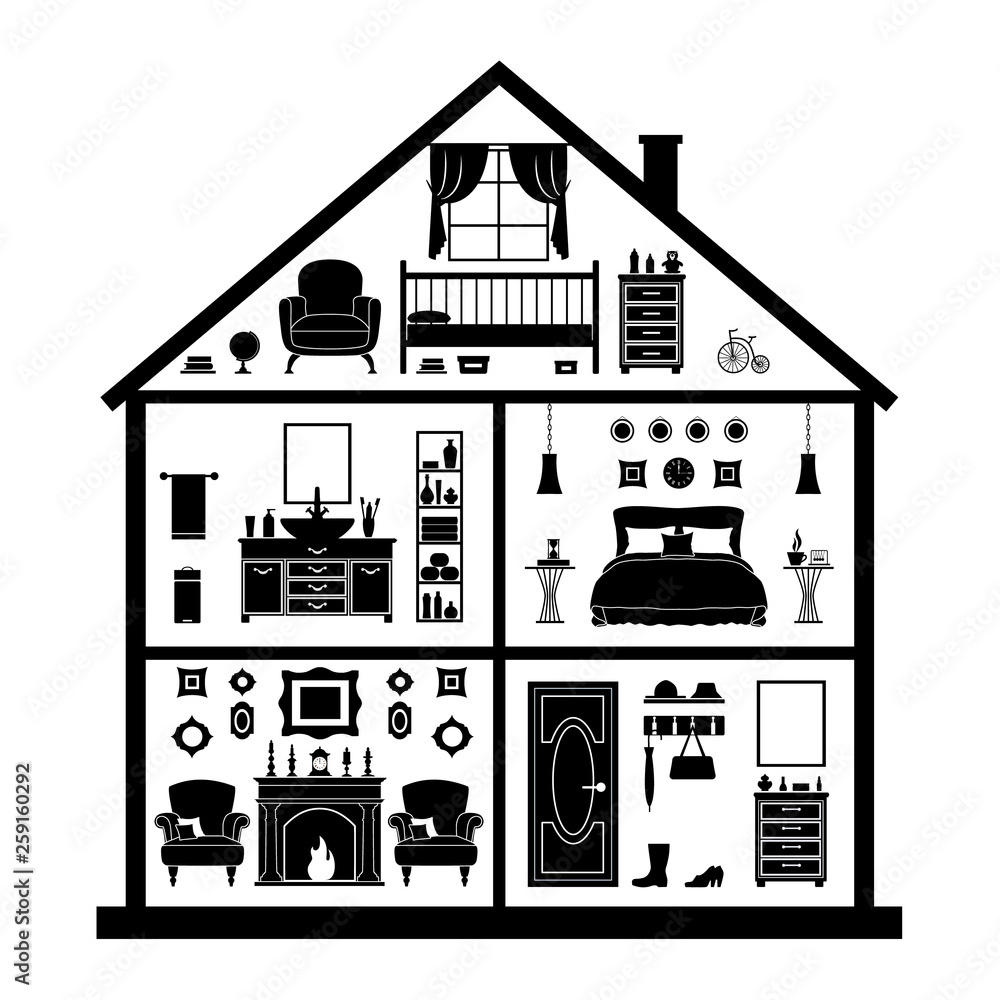 Vector silhouette of the house. Black and White pattern.
