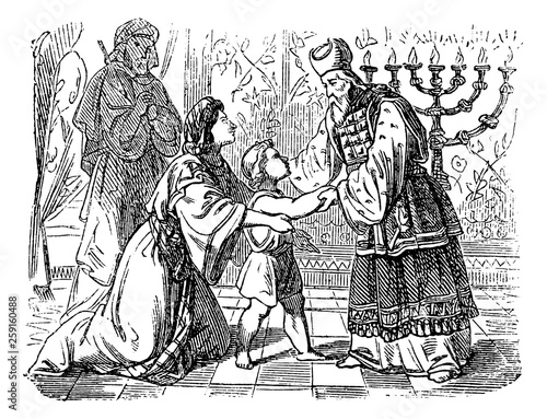 Vintage Drawing of Biblical Story of Elkanah and His Wife Hannah Who Are Presenting Son Samuel to Priest Eli.