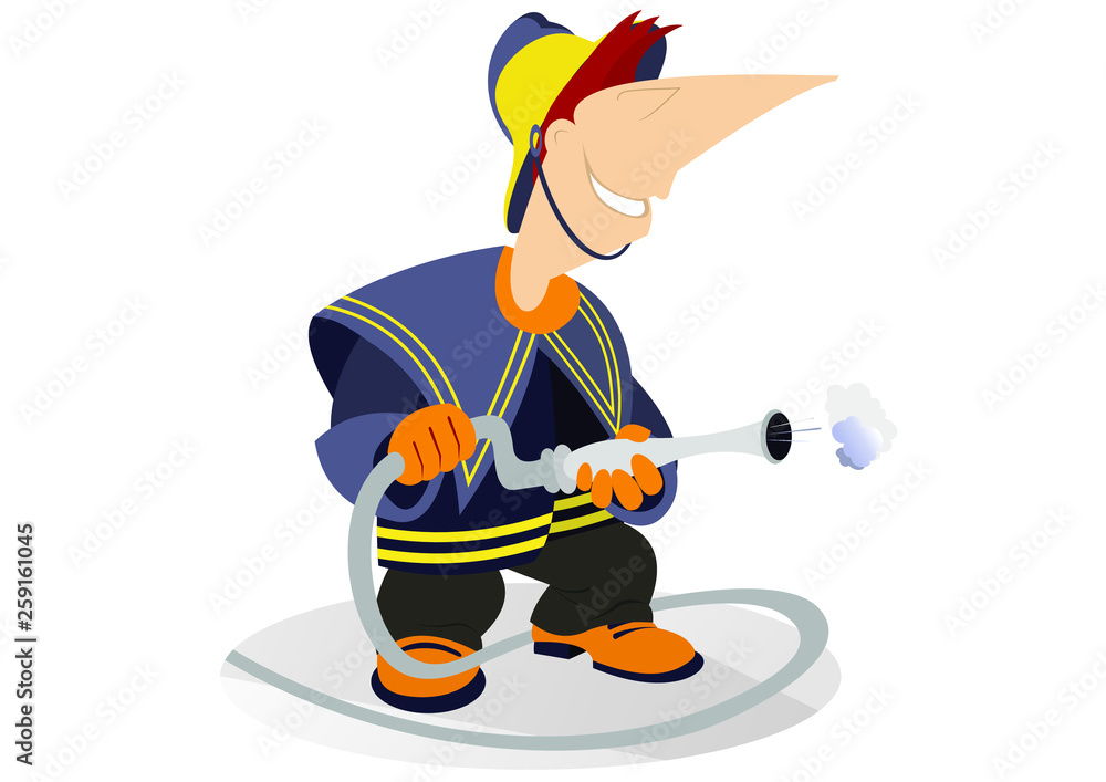 Obraz premium Cartoon brave fireman illustration. Smiling fireman with fire hose isolated on white