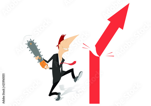 Businessman, papers and the arrow sign concept illustration. Smiling man with chainsaw cuts the arrow symbol isolated on white