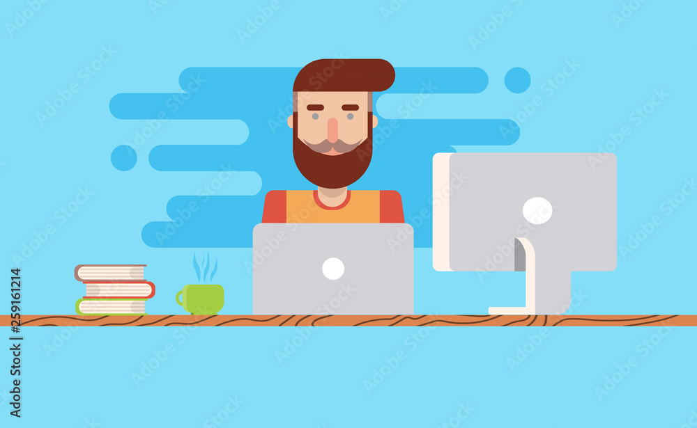 Hipster designer in flat style. Developer and designer. Funny cartoon illustration. Vector flat illustration. Hipster man working in studio. Office work.