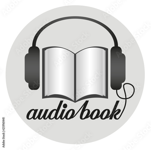 round audio book icon with earphones and paper book