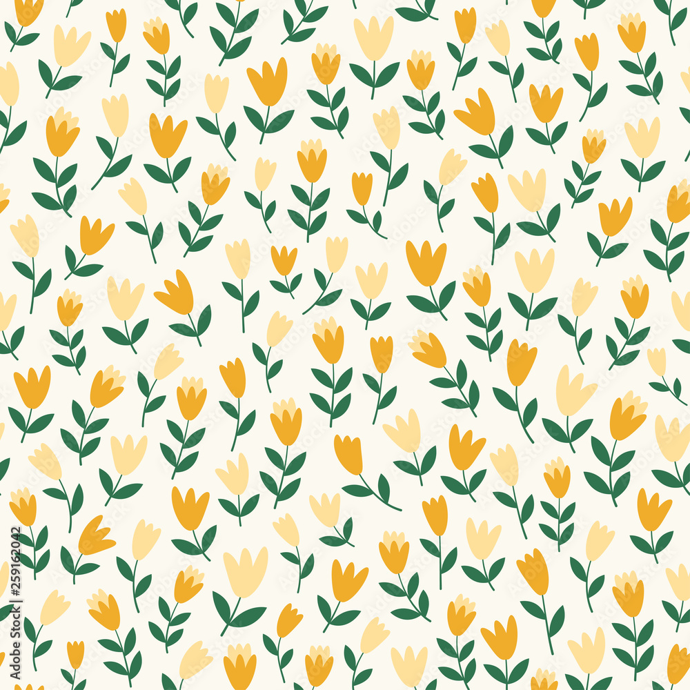 Yellow flower field on white background, seamless floral vector pattern
