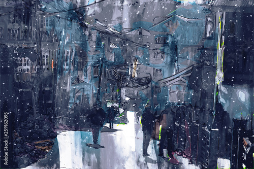 Digital painting of walking street in town  dark tone image