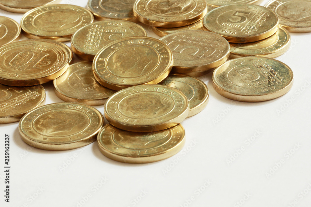 metal turkish coins on white background metal turkish coins on white background