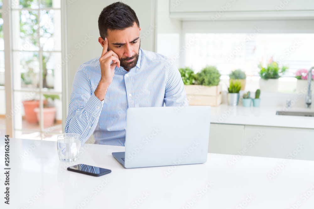 Business man concentrated working using computer laptop Business man concentrated working using computer laptop