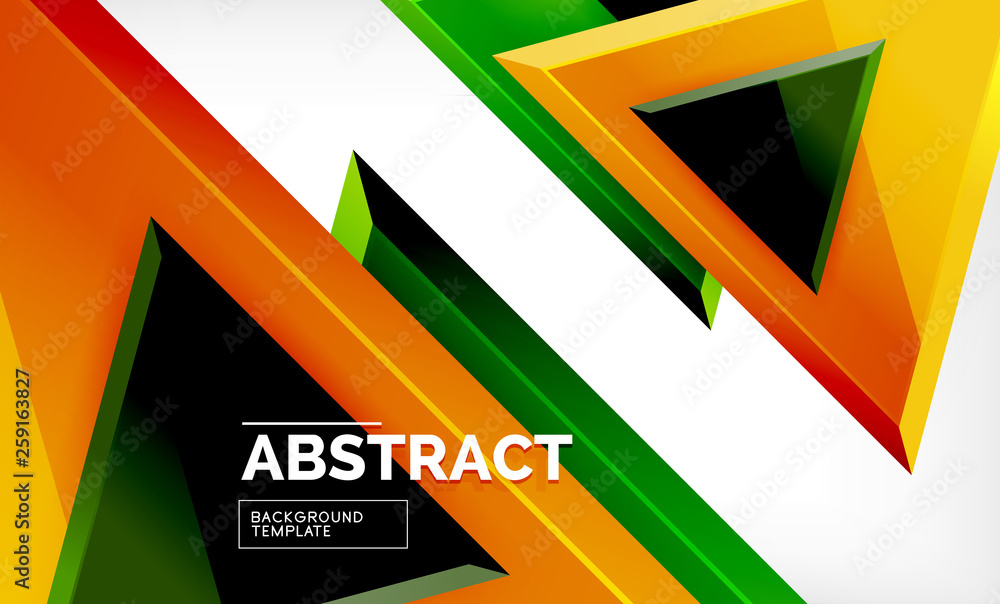 Triangles repetiton geometric abstract background, multicolored glossy triangular shapes, hi-tech poster cover design or web presentation template with copy space Triangles repetiton geometric abstract background, multicolored glossy triangular shapes, hi-tech poster cover design or web presentation template with copy space