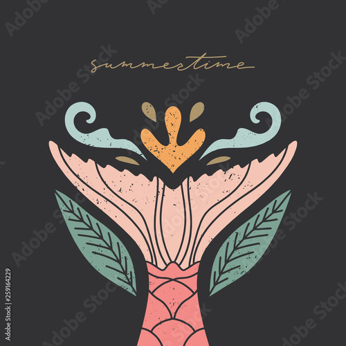 Vector postcard or poster with mermaid tail on dark background. Summer holidays theme, nursery print. Good for baby party decor