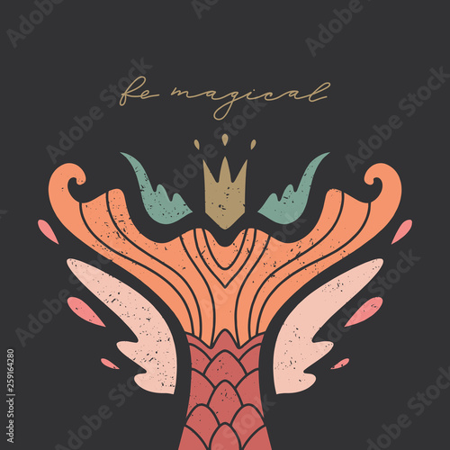 Vector postcard or poster with mermaid tail on dark background. Summer holidays theme, nursery print. Good for baby party decor