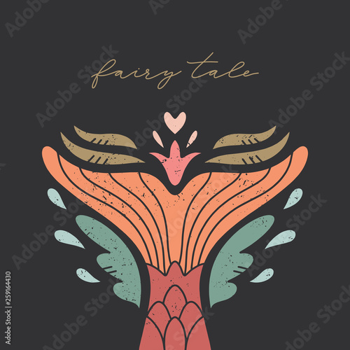 Vector postcard or poster with mermaid tail on dark background. Summer holidays theme, nursery print. Good for baby party decor