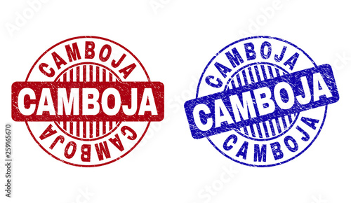 Grunge CAMBOJA round stamp seals isolated on a white background. Round seals with grunge texture in red and blue colors. Vector rubber imprint of CAMBOJA caption inside circle form with stripes.