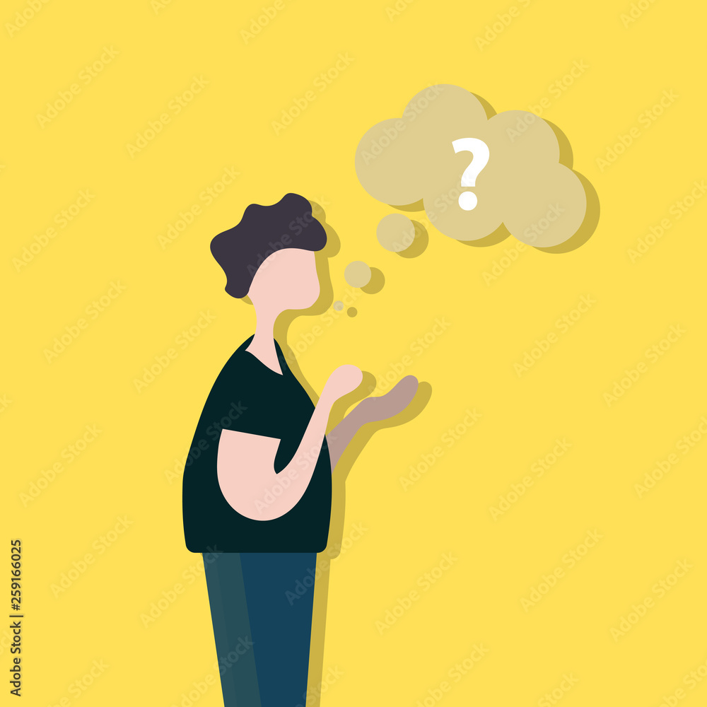 Vector thinking cloud with question in flat style. Man with the clouds of thoughts Vector thinking cloud with question in flat style. Man with the clouds of thoughts