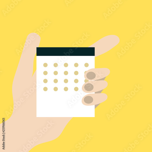 Stock calendar in the hands of man. One hand man holding a calendar, the second hand points to the calendar. Stock illustration in a flat style.