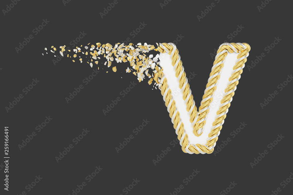 Shattering letter V 3D realistic raster illustration. Twisted letter with explosion effect on dark background. Shattering letter V 3D realistic raster illustration. Twisted letter with explosion effect on dark background.