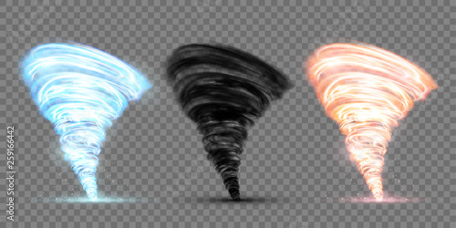 Set of black, blue and red tornado. Rotating twister.