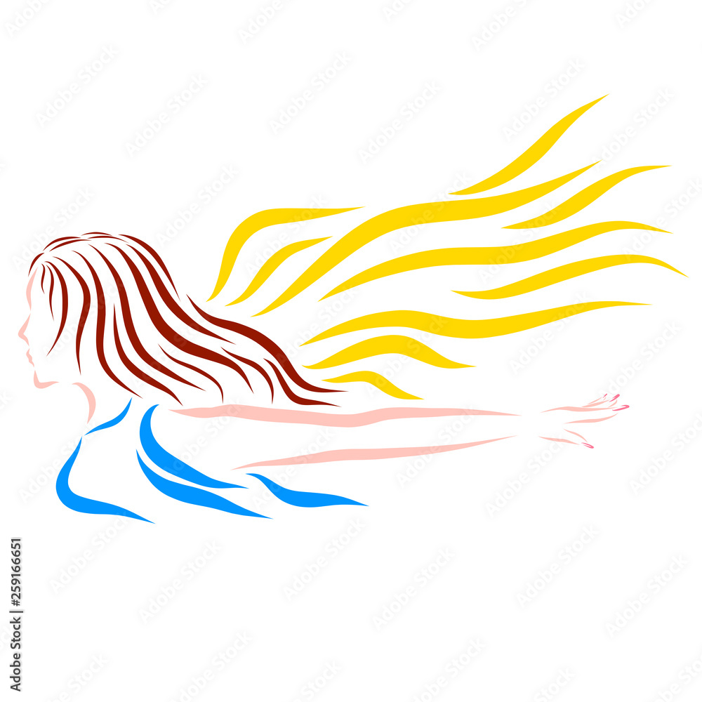 Flying girl with long hair, winged beauty, colorful pattern Flying girl with long hair, winged beauty, colorful pattern
