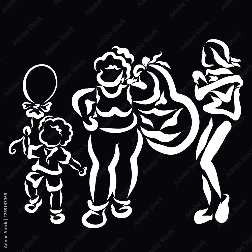 Fototapeta premium Kid with a balloon, a strong mother carrying bag and a weak man
