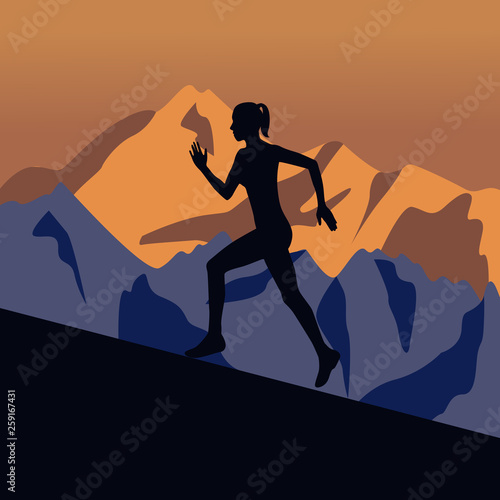 Vector silhouette of runner woman and mountain
