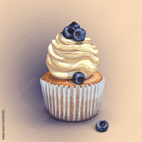 Vector of a crumbly, gentle wet biscuit cupcake with a stunning cream soft air cheese cream, taste creme brulee, with juicy fresh blueberry. Blue paper pans got wet from the juiciness of the cake
