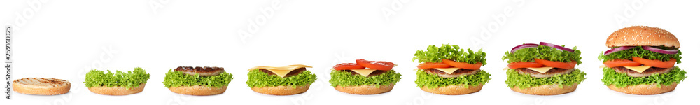 Cooking delicious burger on white background. Step by step recipe Cooking delicious burger on white background. Step by step recipe