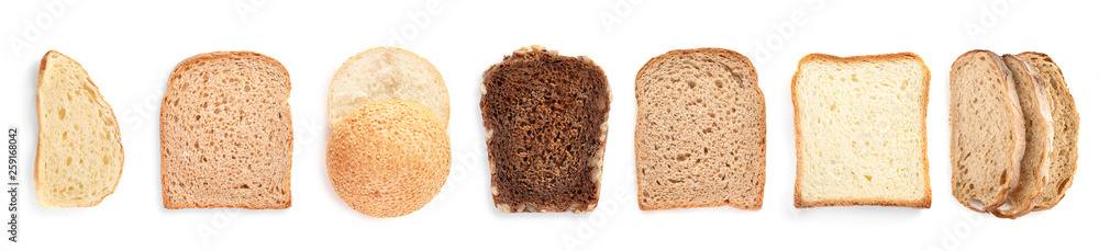 Slices of fresh bread on white background, top view Slices of fresh bread on white background, top view
