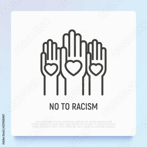No to racism thin line icon: hands with hearts on their palms. Modern vector illustration of tolerance, social equality.