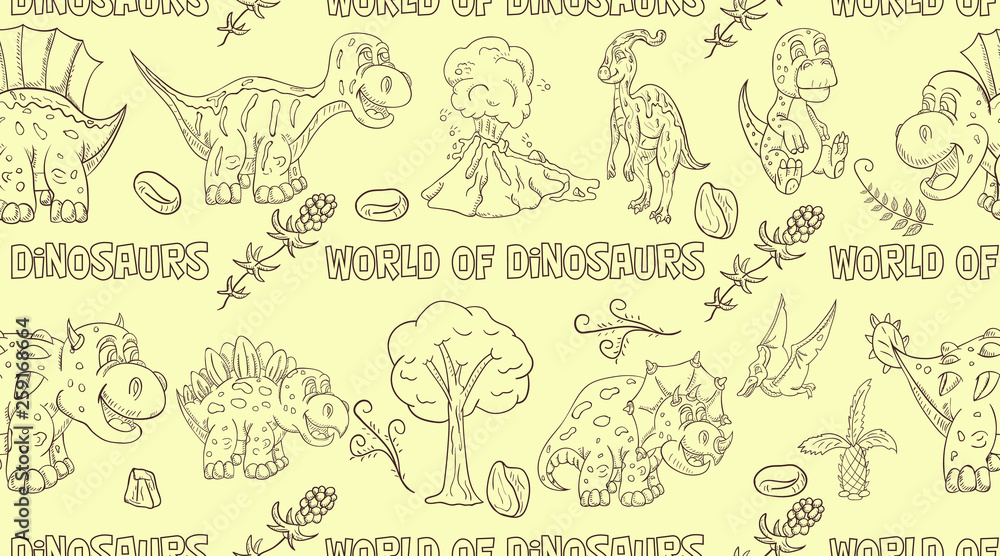 contour seamless illustration_2_of the pattern of small dinosaurs and trees, plants, stones, for design in the style of Doodle contour seamless illustration_2_of the pattern of small dinosaurs and trees, plants, stones, for design in the style of Doodle
